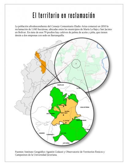 El color verde es el territorio de la población de San Cristóbal y el territorio en amarillo es el área en reclamación del consejo comunitario Eladio Ariza.